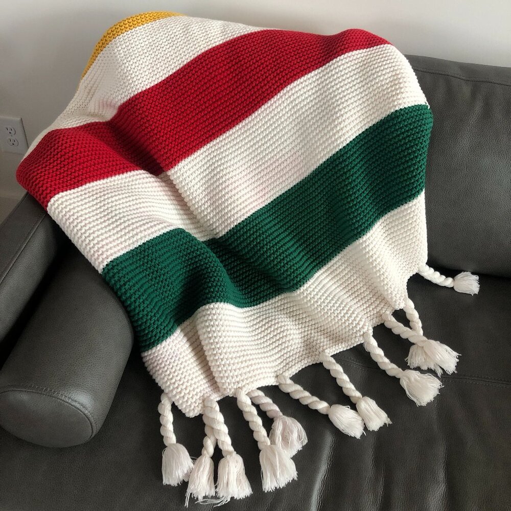 Vintage Hudson's Bay HBC Stripes Thick Cotton Acrylic Knit Blanket Throw